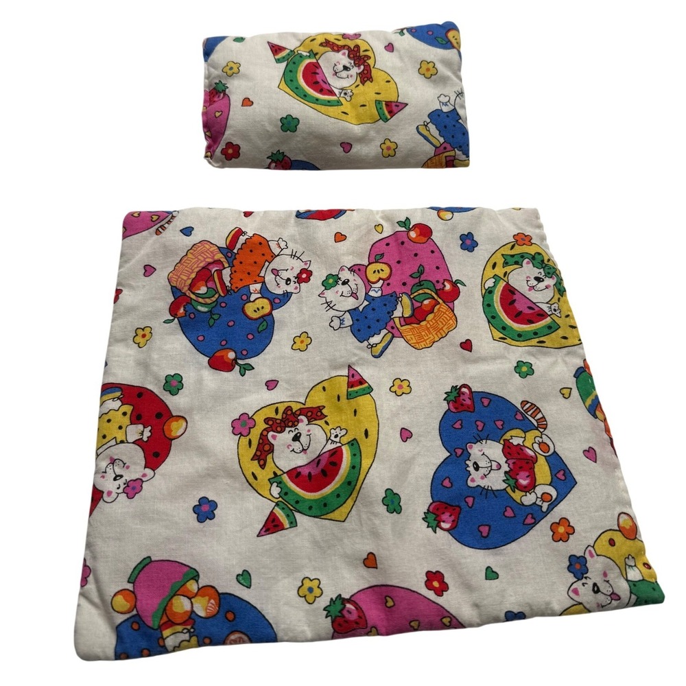 Handmade Doll Bedding Set Cat Fruit Watermelon Print Pillow and Blanket Cream